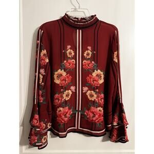 Jealous Tomato Long Sleeve Floral Top Blouse Burgundy Academia Size L Office